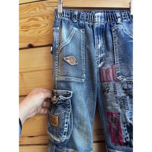 Kids Vintage Distressed Cargo Jeans Designer Graphic Print Elastic Waist 10"x27"